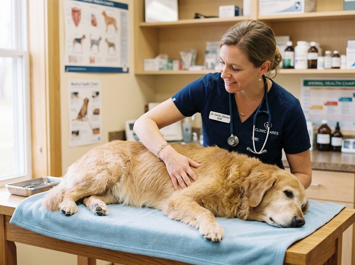 Veterinarian gently examining the skin and coat of an older dog on an exam table