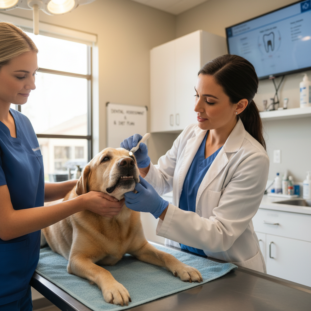 Veterinarian gently checking senior dog teeth and gums before recommending soft food diets