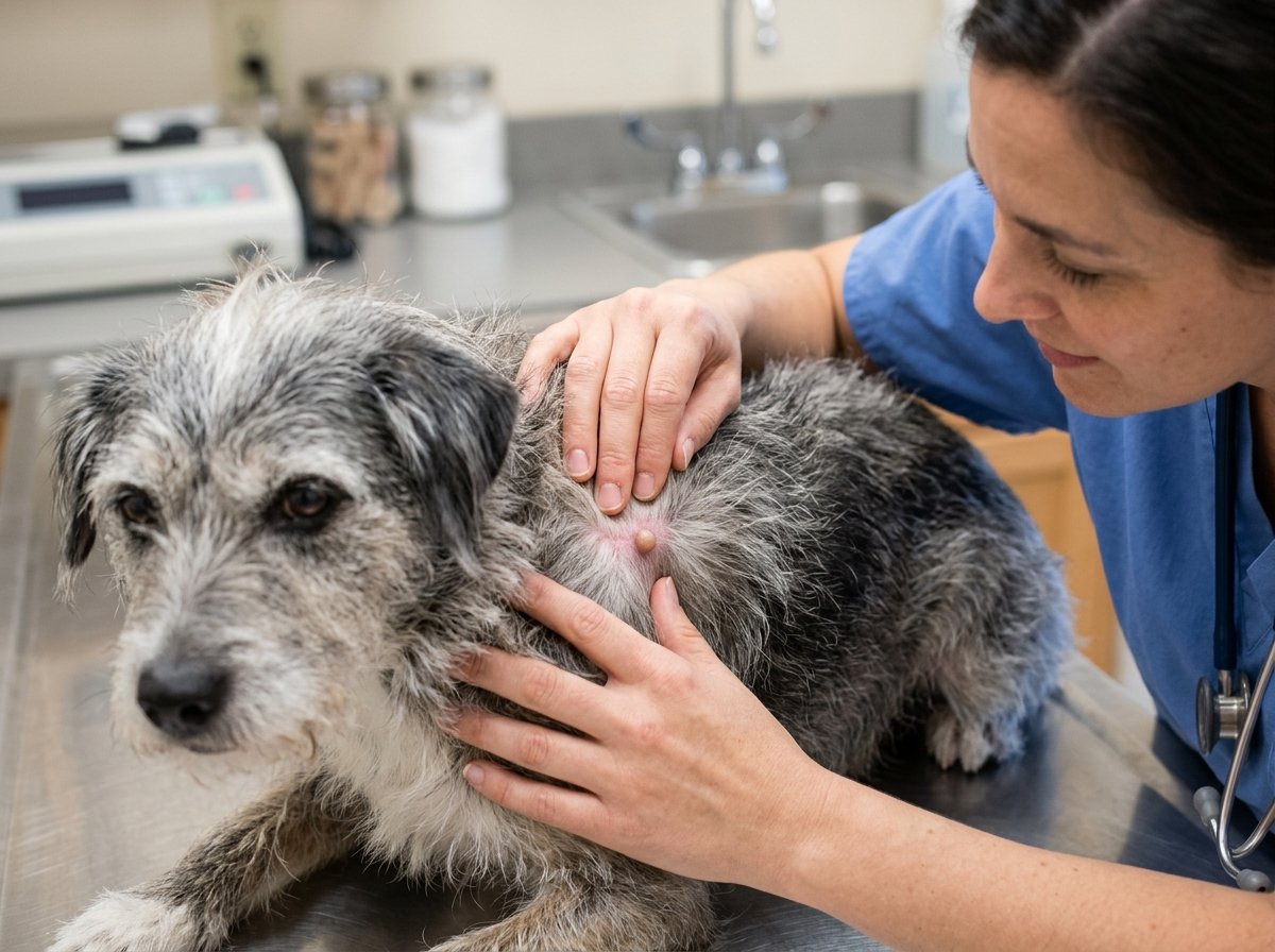 Veterinarian examining small benign dog wart on older dog back on exam table