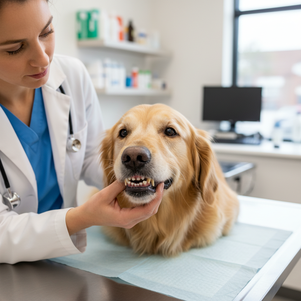 Veterinarian gently inspecting teeth and gums of a senior dog during dental exam