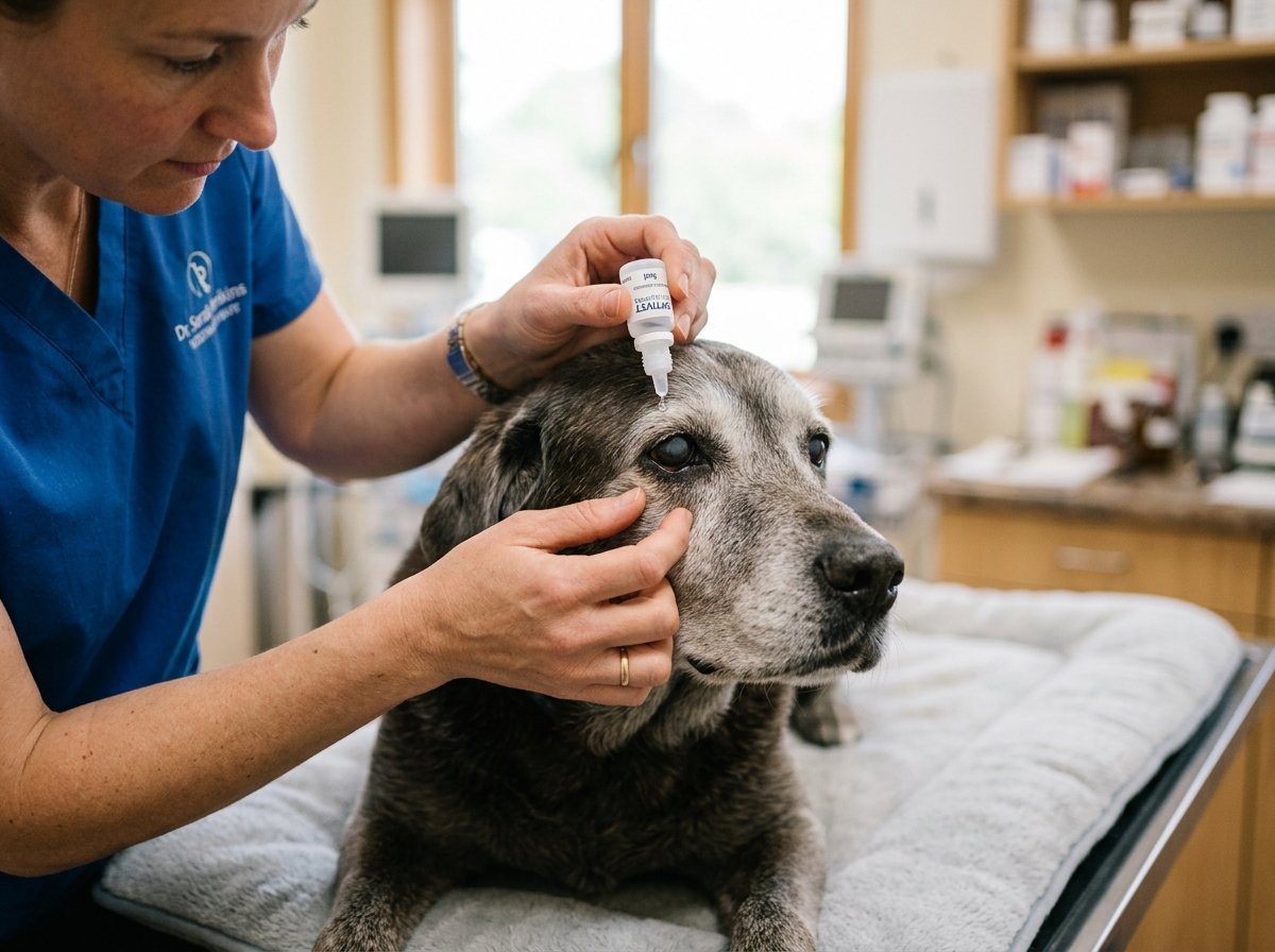 Veterinarian administering soothing eye drops from a sterile dropper bottle to a senior dog