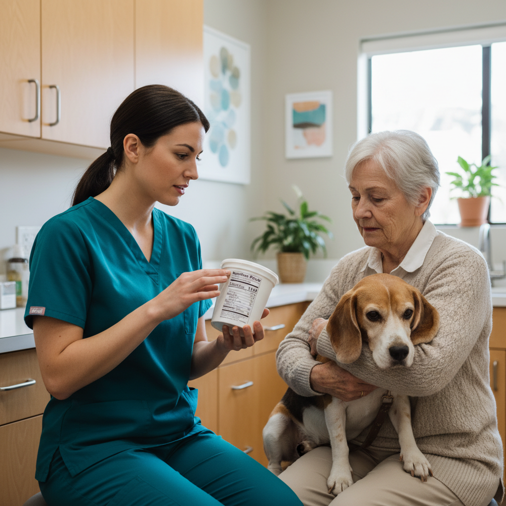 Veterinarian checking yogurt nutrition facts label during senior dog exam consultation