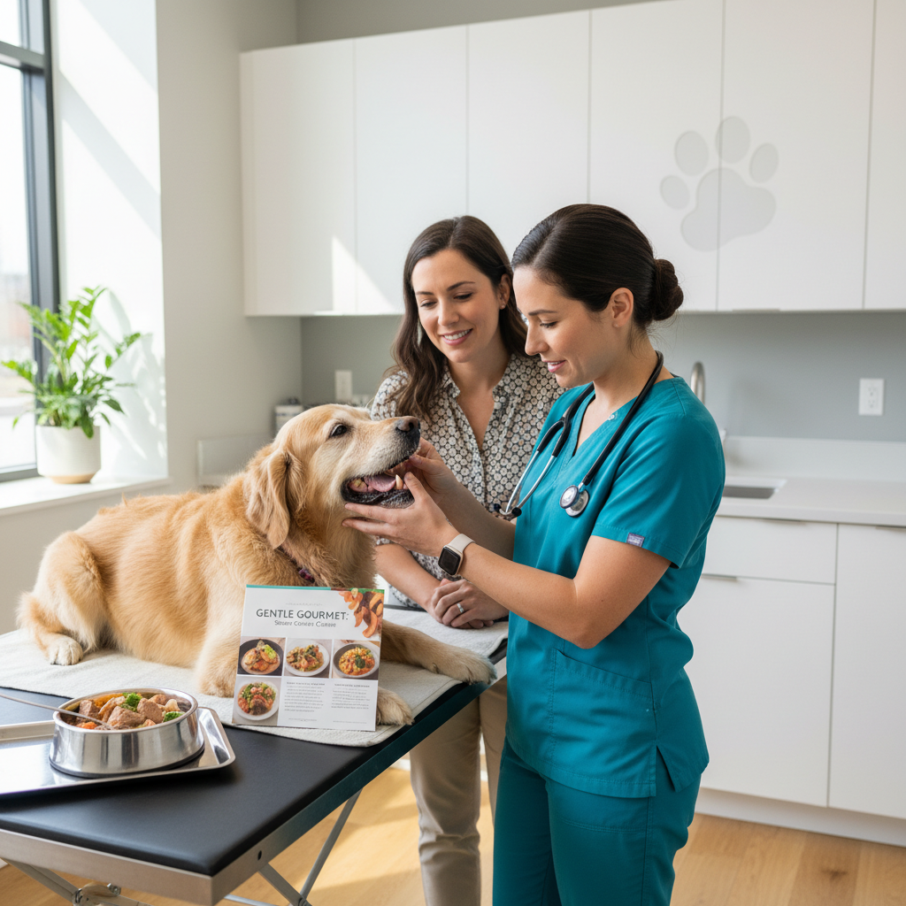 Veterinarian examining senior dog mouth while discussing fresh human grade diet options