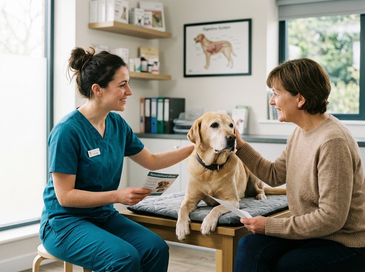 Veterinarian in blue scrubs discussing prescription hydrolyzed dog food with a pet owner in a clinic