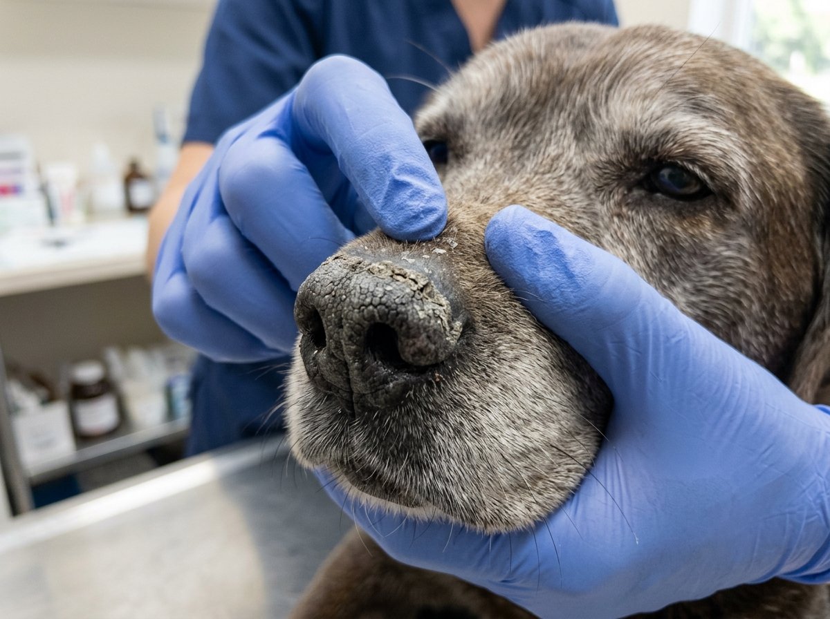 Close up of an older dog nose with dry crusty hyperkeratosis being gently examined by a veterinarian in blue gloves