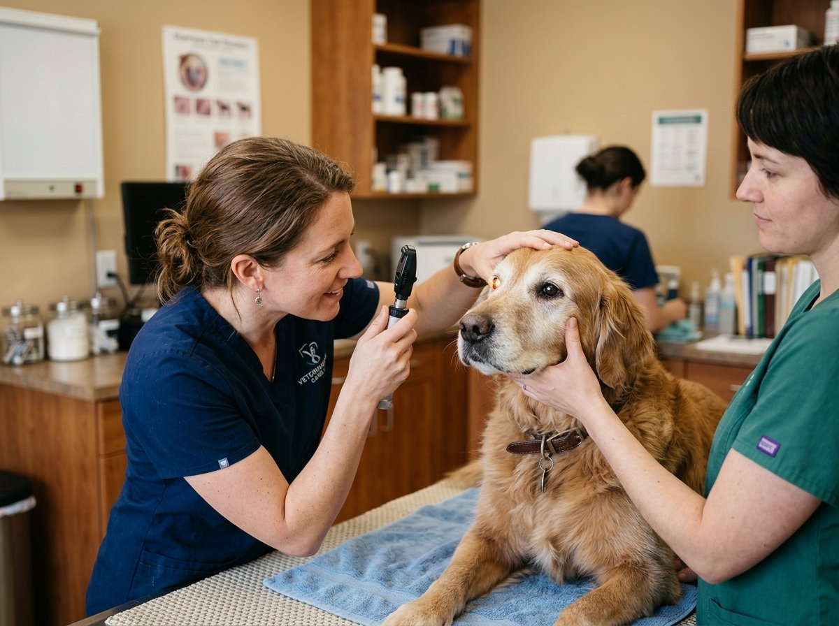 Veterinarian using an ophthalmoscope to examine the red eye of a senior dog on a clinic table