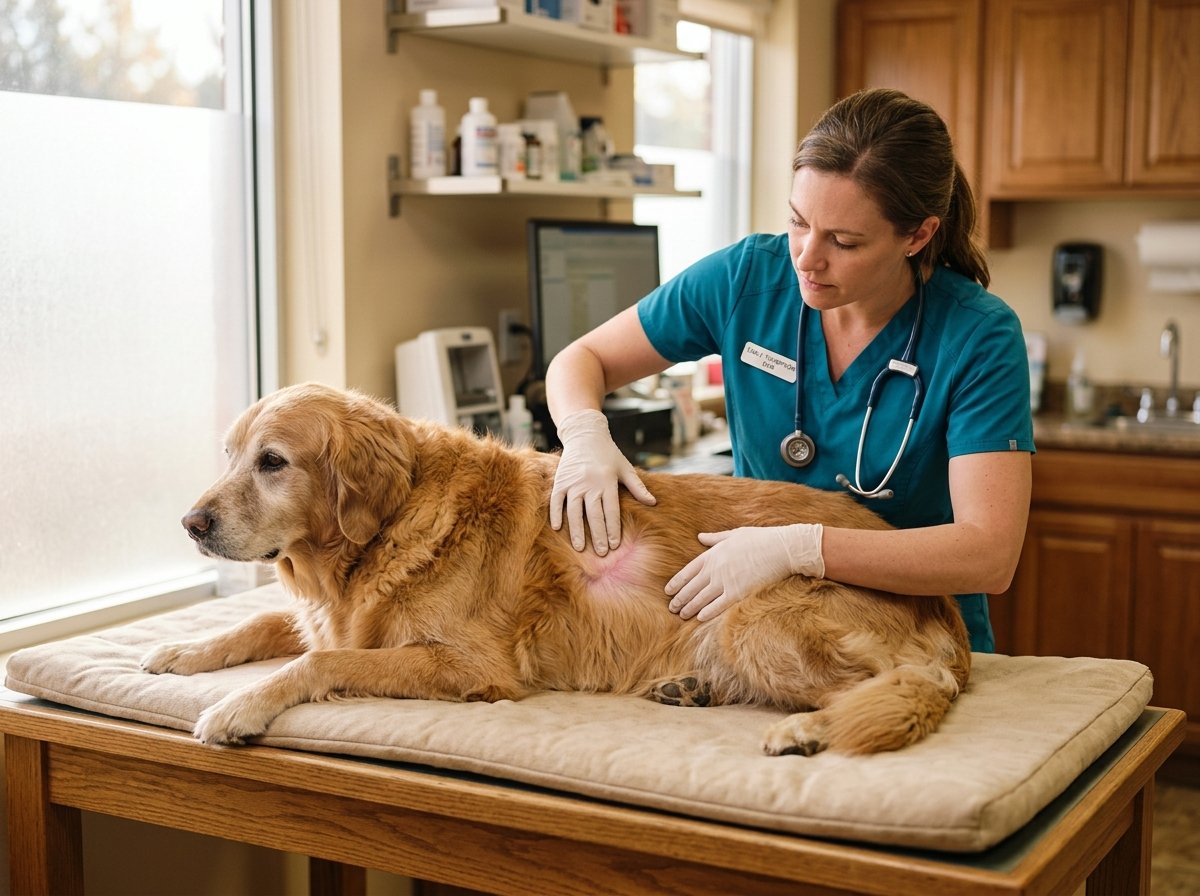 Veterinarian examining the sensitive skin and healthy coat barrier of a senior dog on an examination table