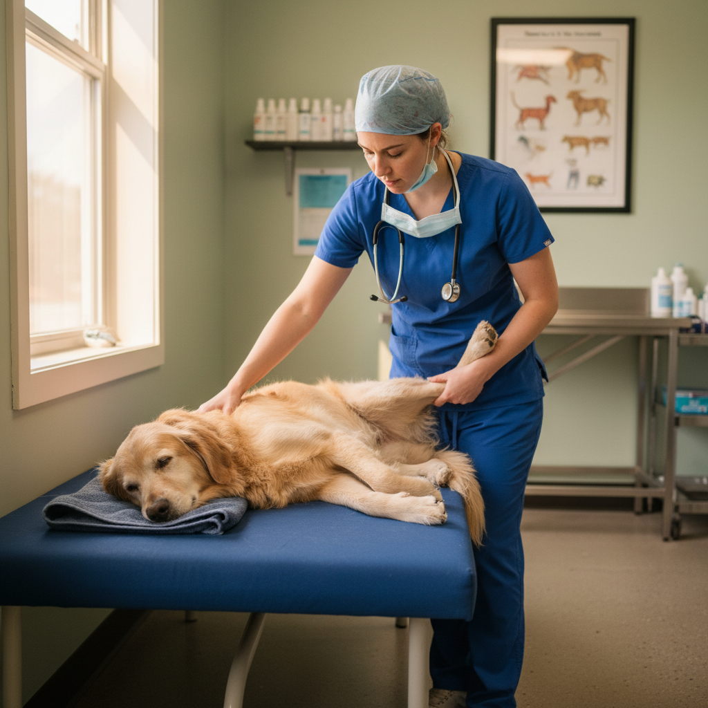 Veterinarian gently moving senior dog hind leg during passive range of motion therapy