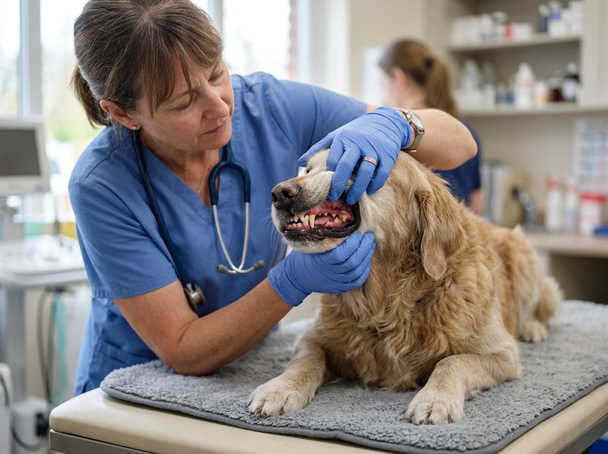 Veterinarian in blue scrubs inspecting upper premolar teeth and gums for a tooth root abscess on a senior dog