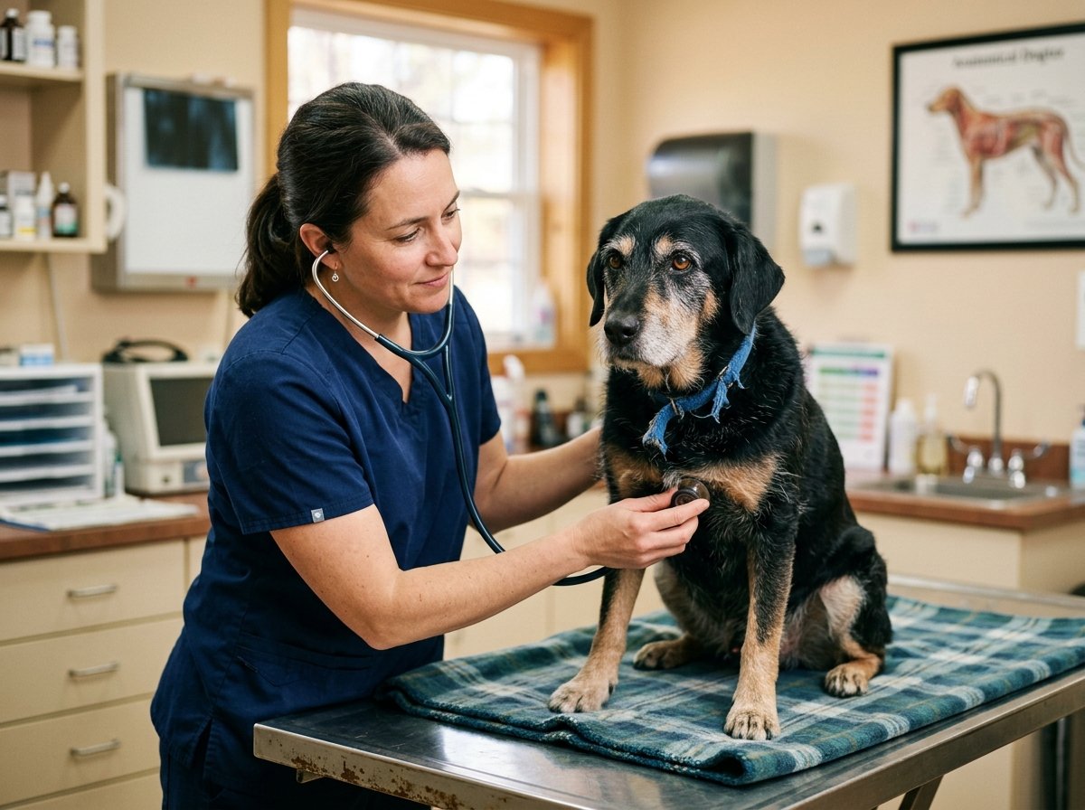 Compassionate veterinarian using a stethoscope to listen to the lungs of a senior dog on an examination table