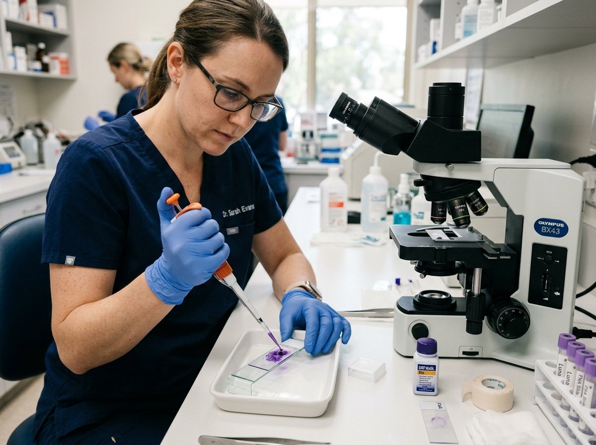 Veterinarian preparing a stained cell slide from a fine needle aspirate test next to a clinic microscope