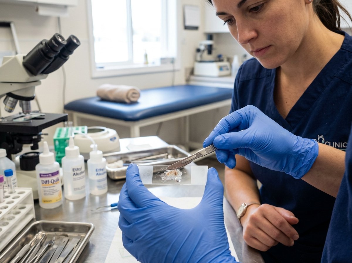 Veterinarian preparing a diagnostic skin scrape sample on a microscope slide to detect canine mange mites