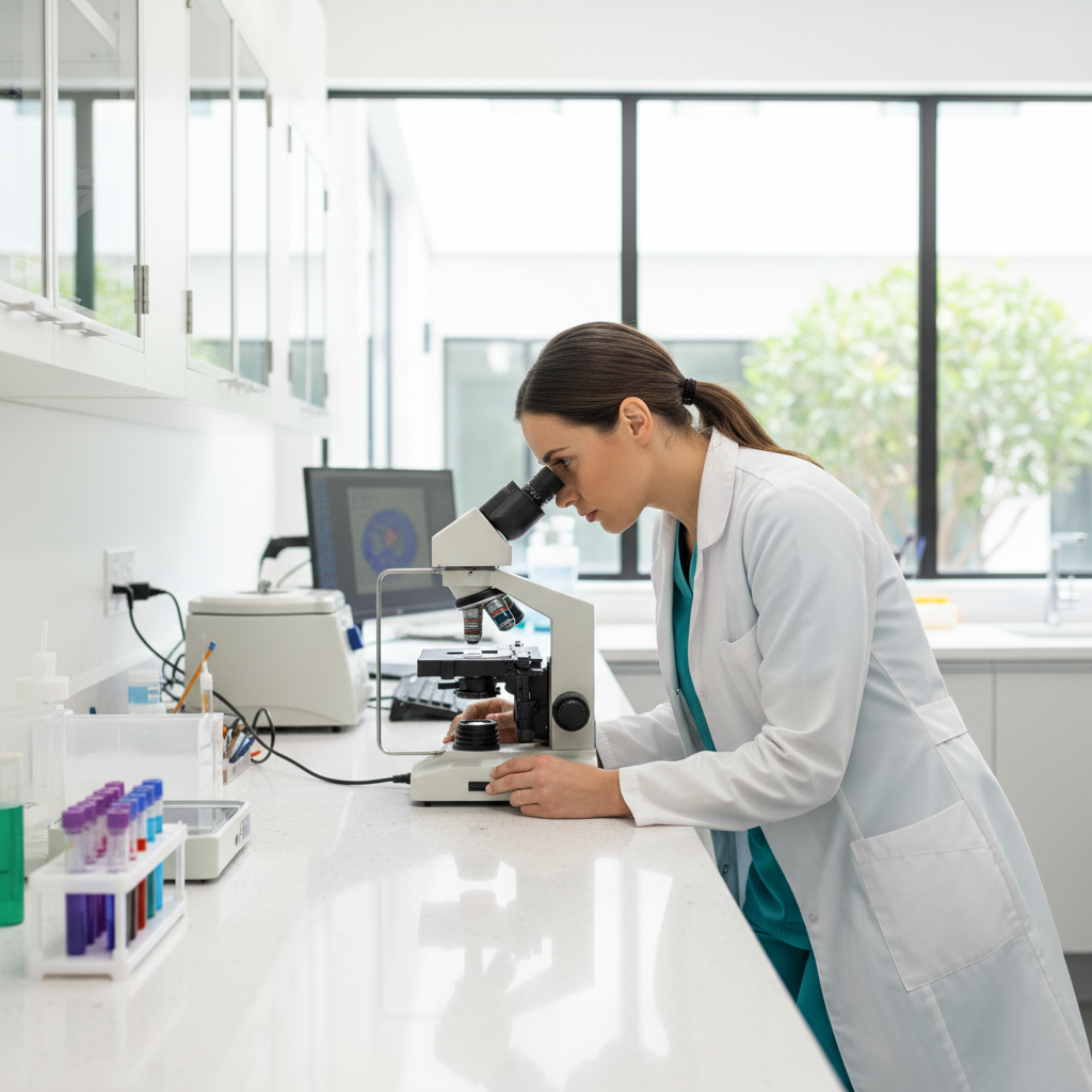Veterinarian using an optical microscope in clinic lab to inspect fecal parasite slide