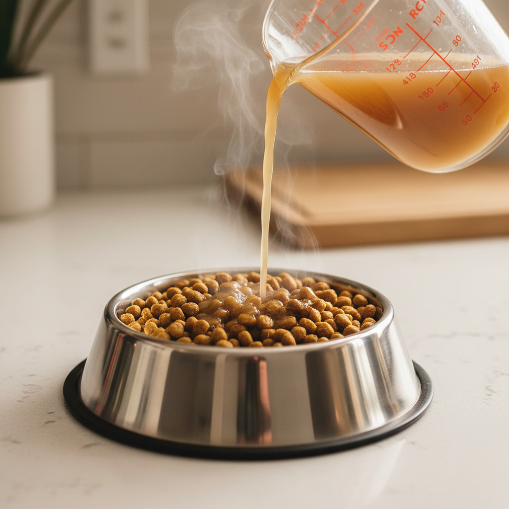 Warm savory bone broth being poured over dry kibble dog food in a stainless steel bowl