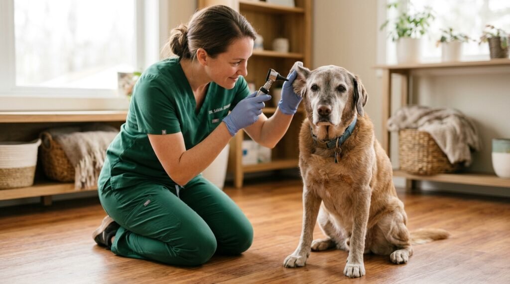 Veterinarian gently examining the ear flap and coat of an older dog with mange in a clinic