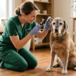 Veterinarian gently examining the ear flap and coat of an older dog with mange in a clinic
