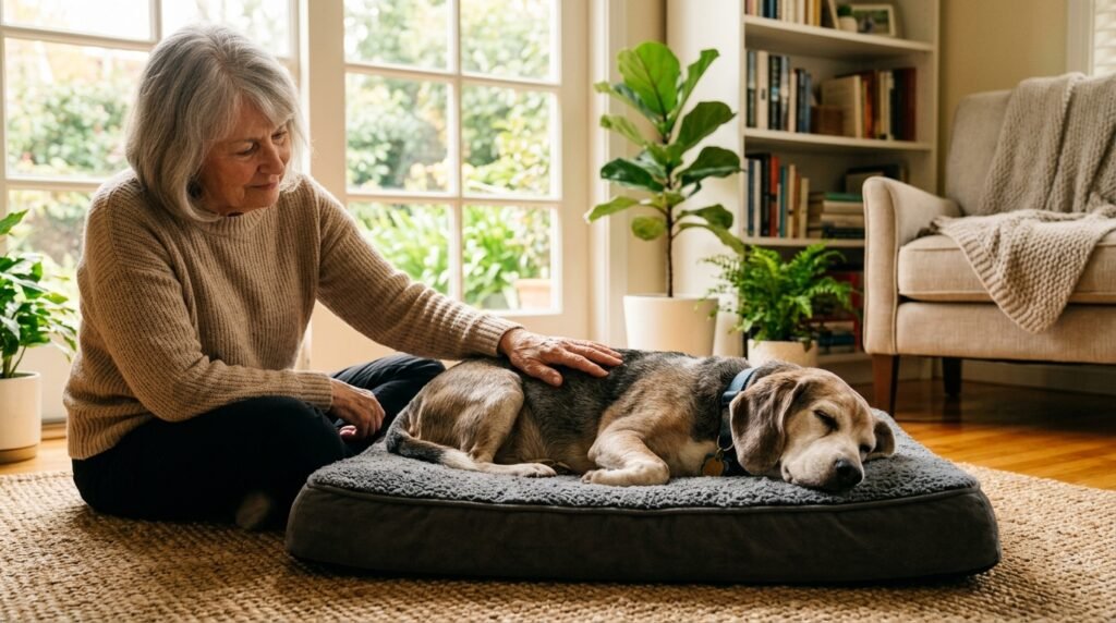 Senior dog resting on an orthopedic bed with a caring owner resting a hand on its back