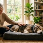 Senior dog resting on an orthopedic bed with a caring owner resting a hand on its back