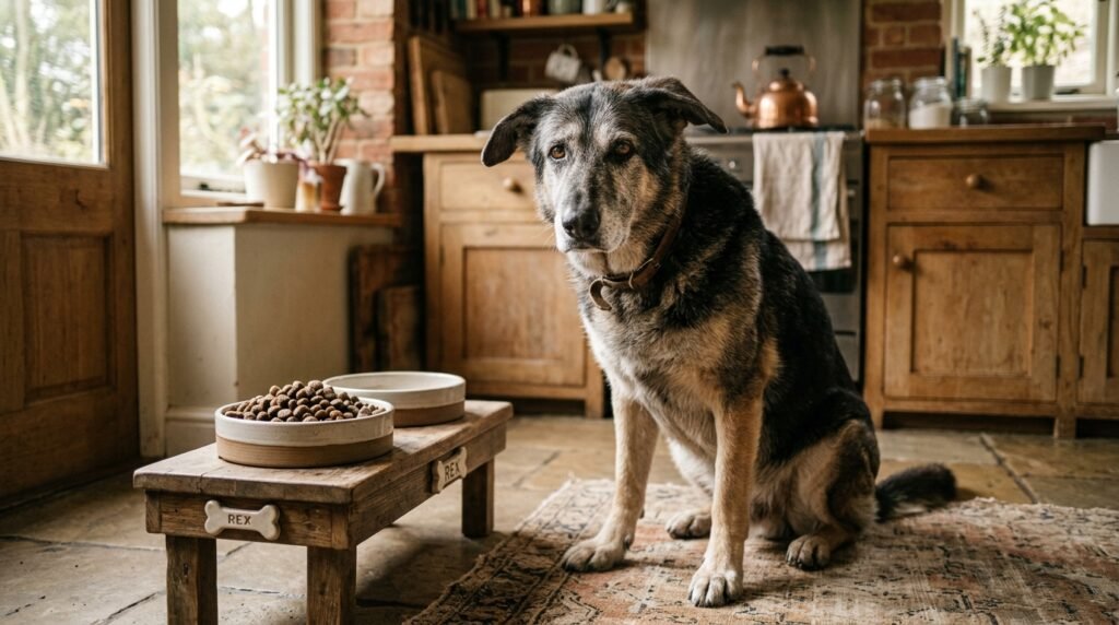 Senior German Shepherd dog sitting next to an elevated bowl of large breed dog food