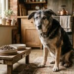 Senior German Shepherd dog sitting next to an elevated bowl of large breed dog food