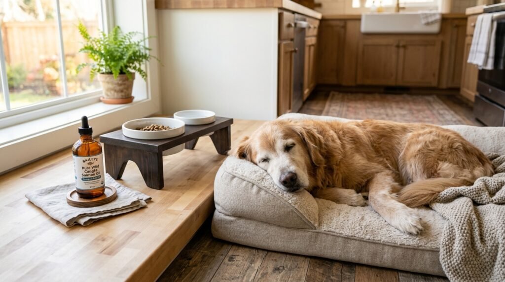 Senior golden retriever resting near an amber bottle of omega 3 fish oil in a warm kitchen
