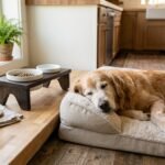 Senior golden retriever resting near an amber bottle of omega 3 fish oil in a warm kitchen