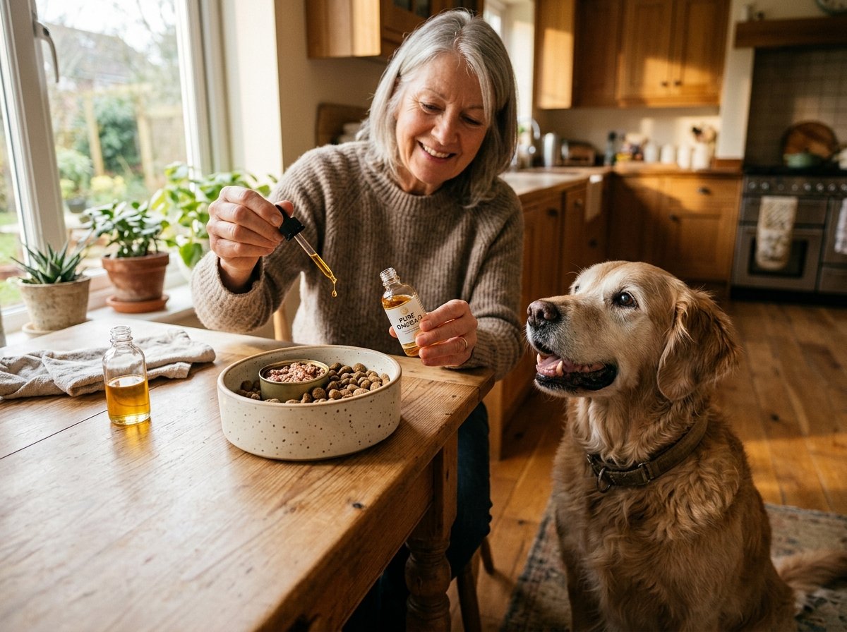 Pet owner adding golden omega 3 fish oil with a dropper to an elderly dog food bowl