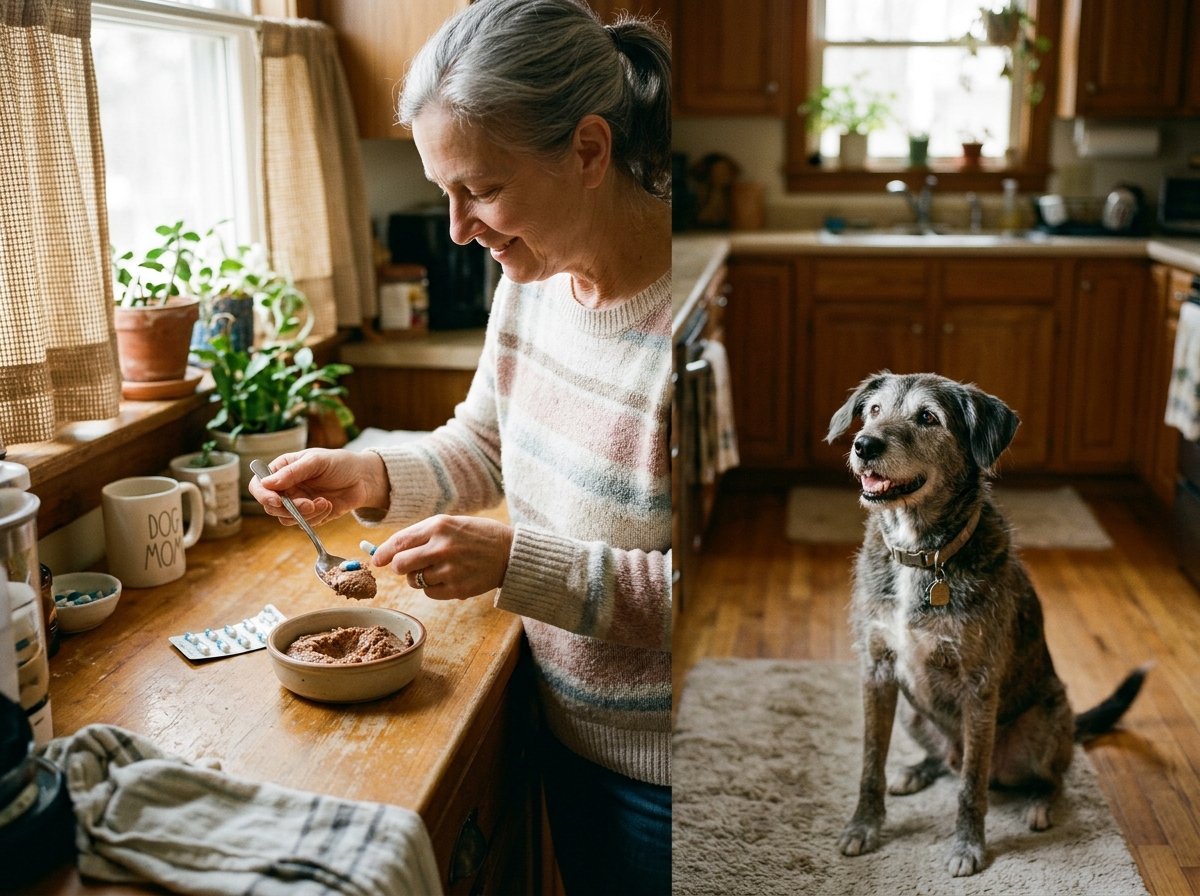 Pet owner placing a medication capsule into wet food for an eager senior dog