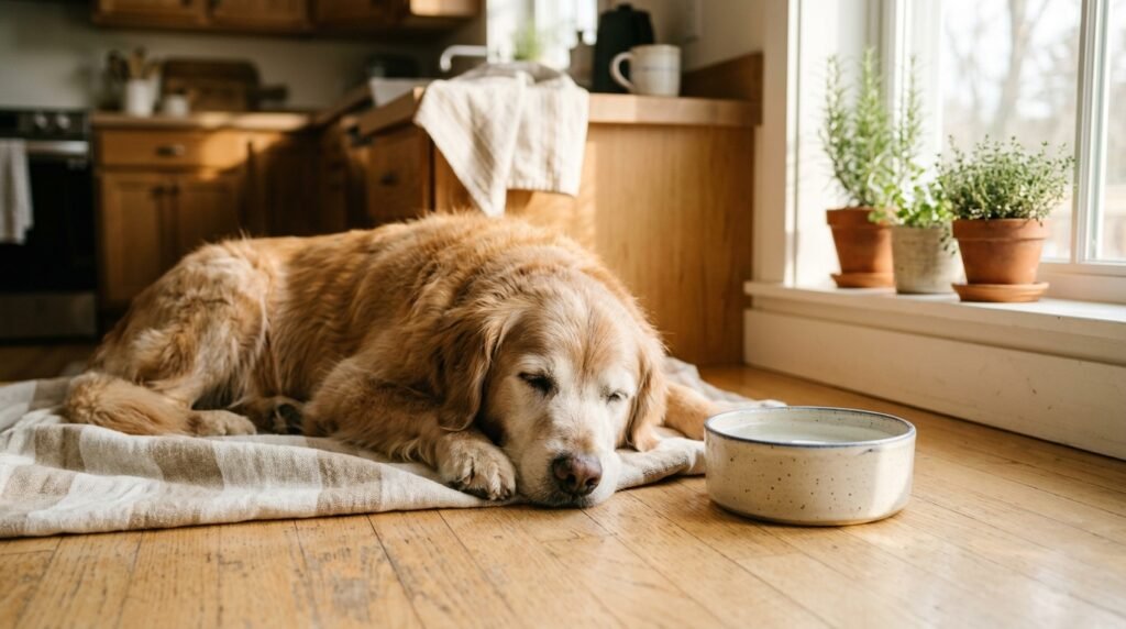 Senior golden retriever resting peacefully beside a ceramic water bowl in a sunlit kitchen
