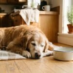 Senior golden retriever resting peacefully beside a ceramic water bowl in a sunlit kitchen