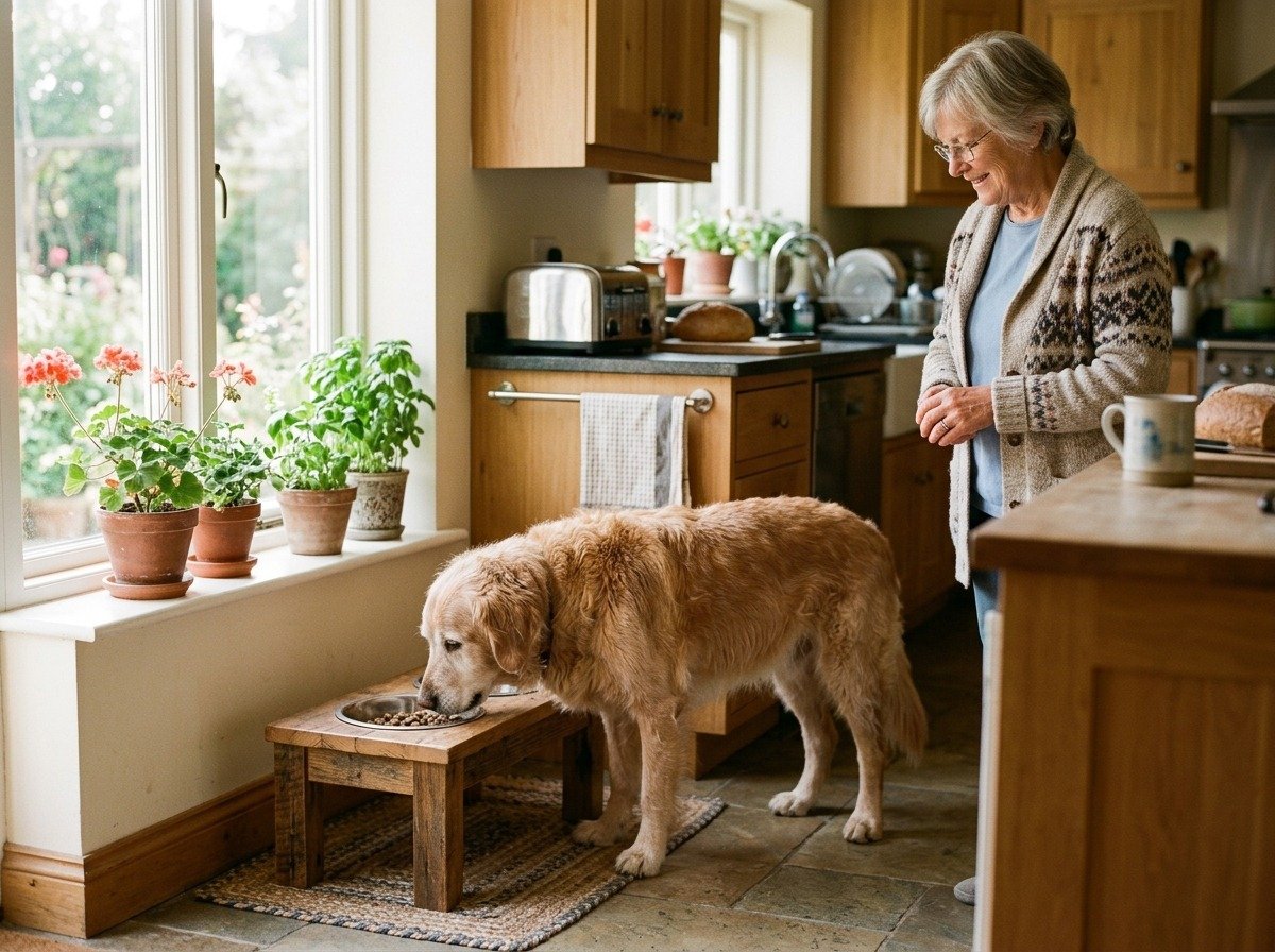 Senior dog drinking comfortably from an elevated ceramic water bowl during morning routine