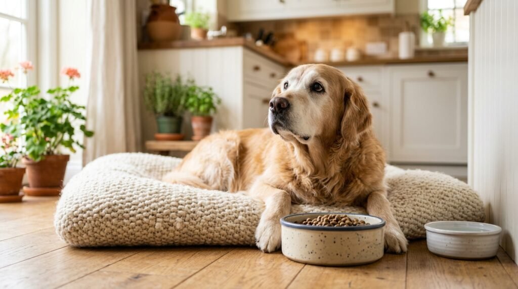 Elderly golden retriever resting beside a full food bowl, showing senior dog loss of appetite causes