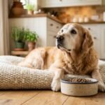 Elderly golden retriever resting beside a full food bowl, showing senior dog loss of appetite causes