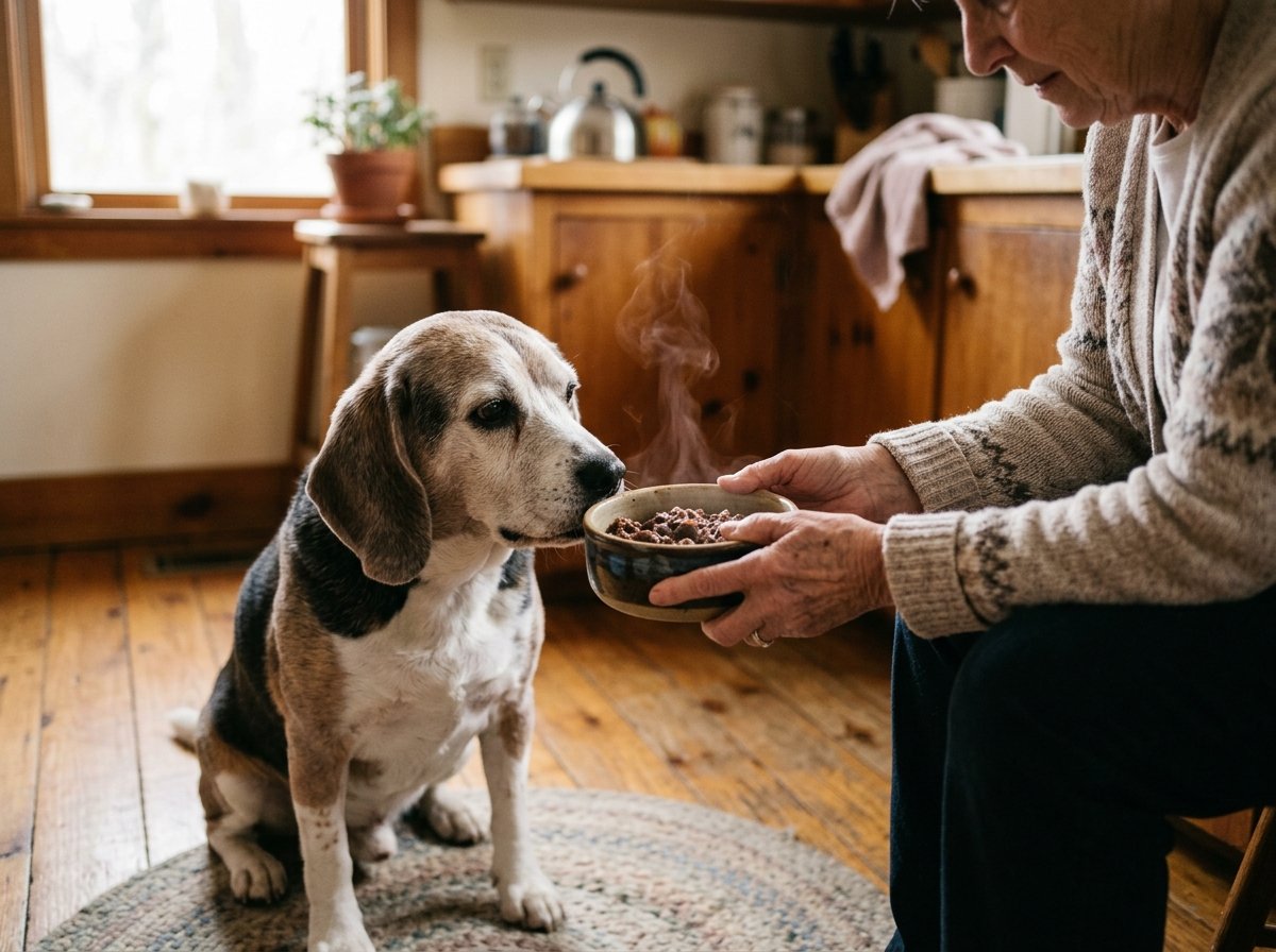 Owner offering warmed wet food to a senior beagle to boost its appetite