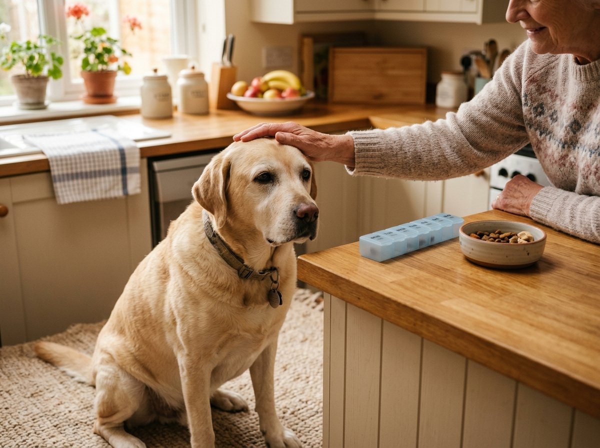 Senior Labrador beside a pill organizer, illustrating medication effects on appetite