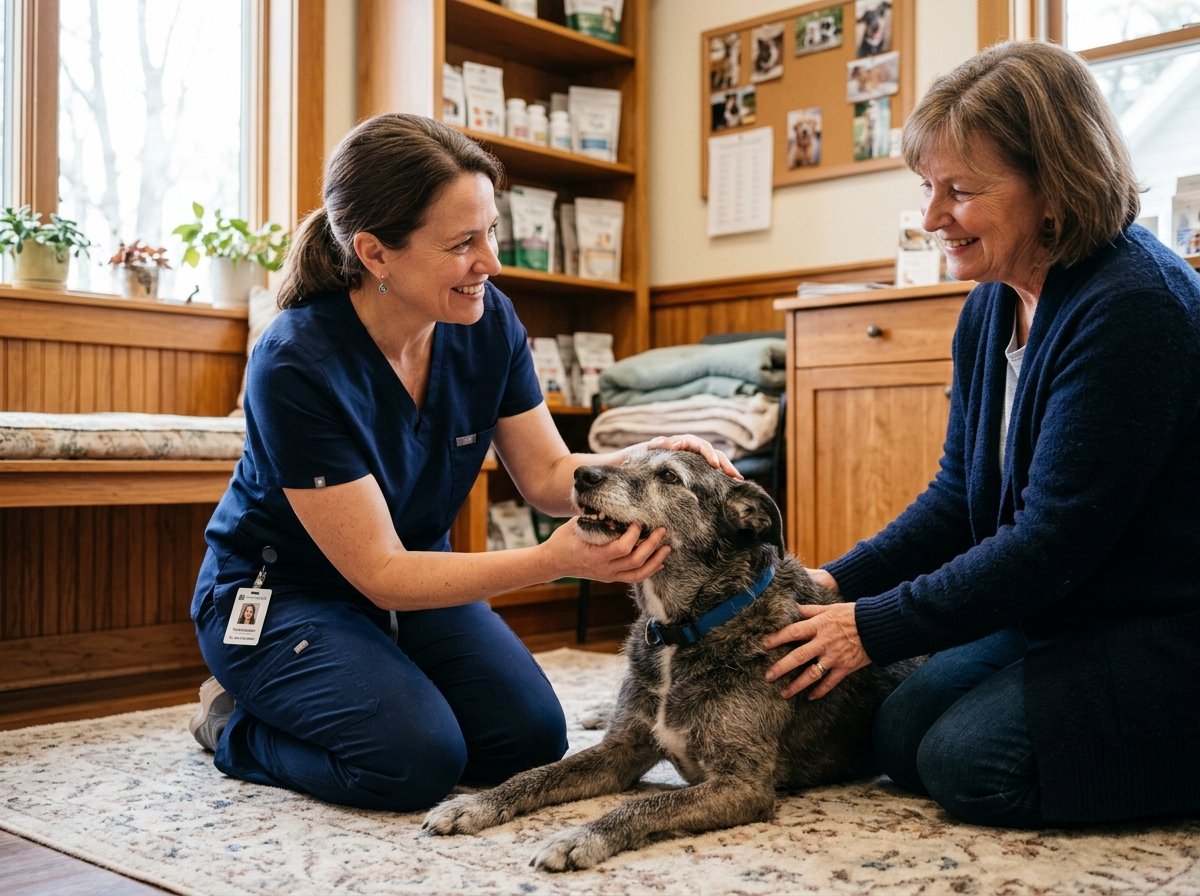 Veterinarian gently checking an older dog's teeth during an appetite loss exam