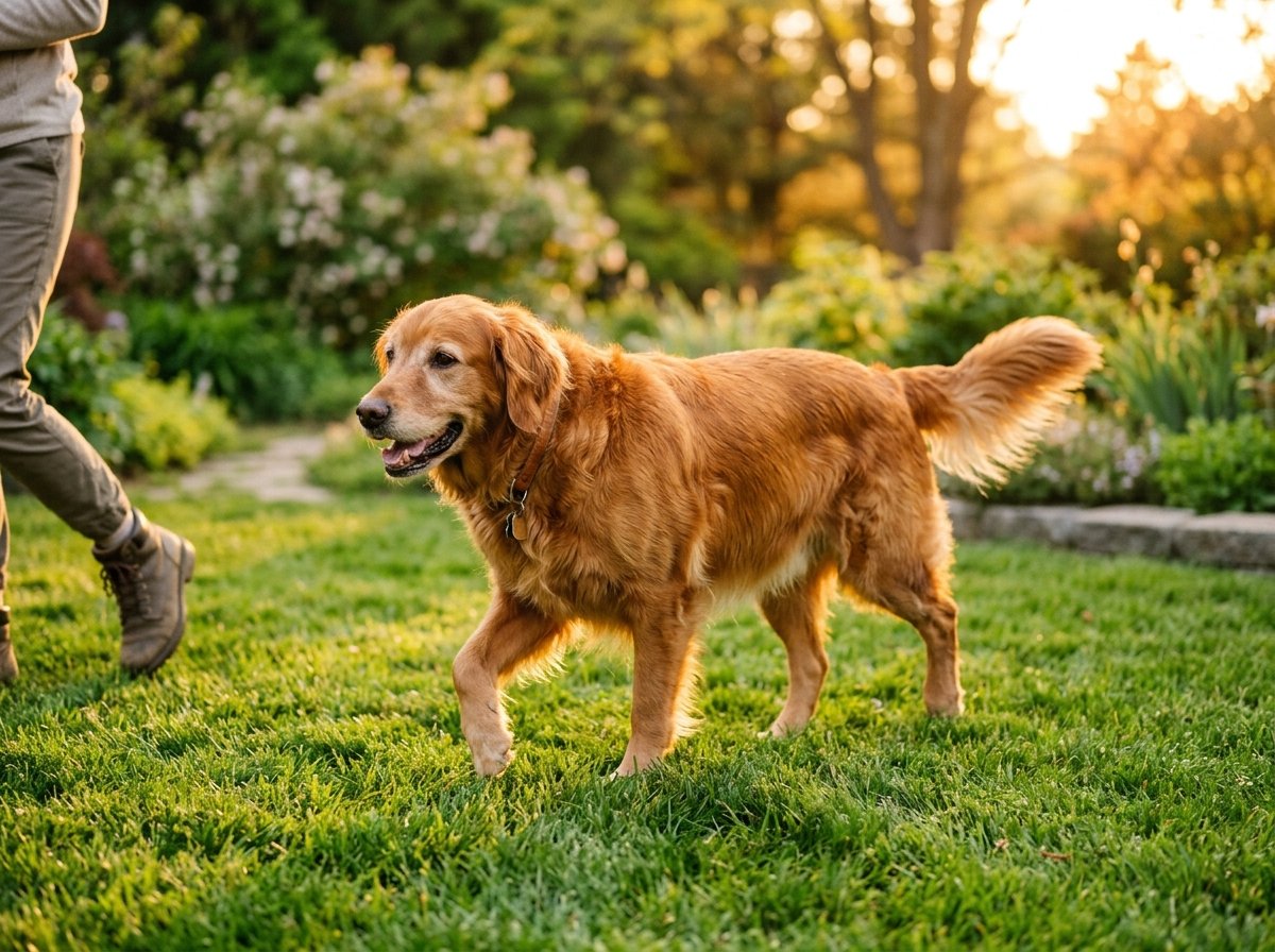 Happy senior dog walking comfortably on backyard grass showing joint mobility and shiny coat
