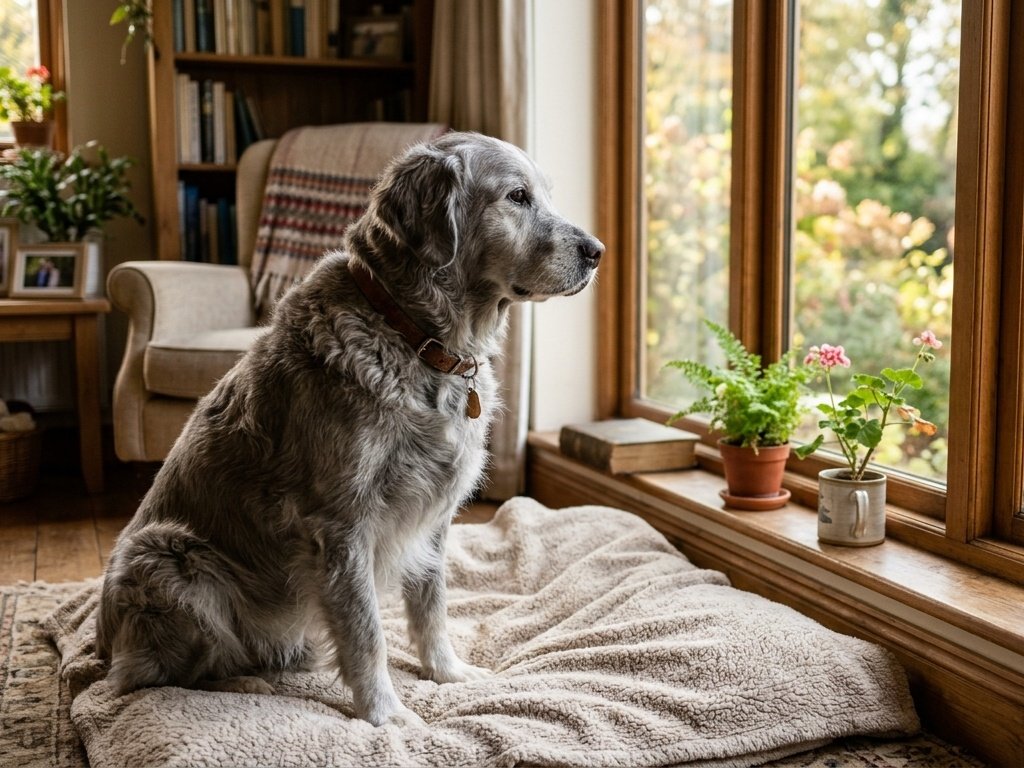 Senior dog sitting quietly on fleece rug by window exhibiting reflective cognitive behavior