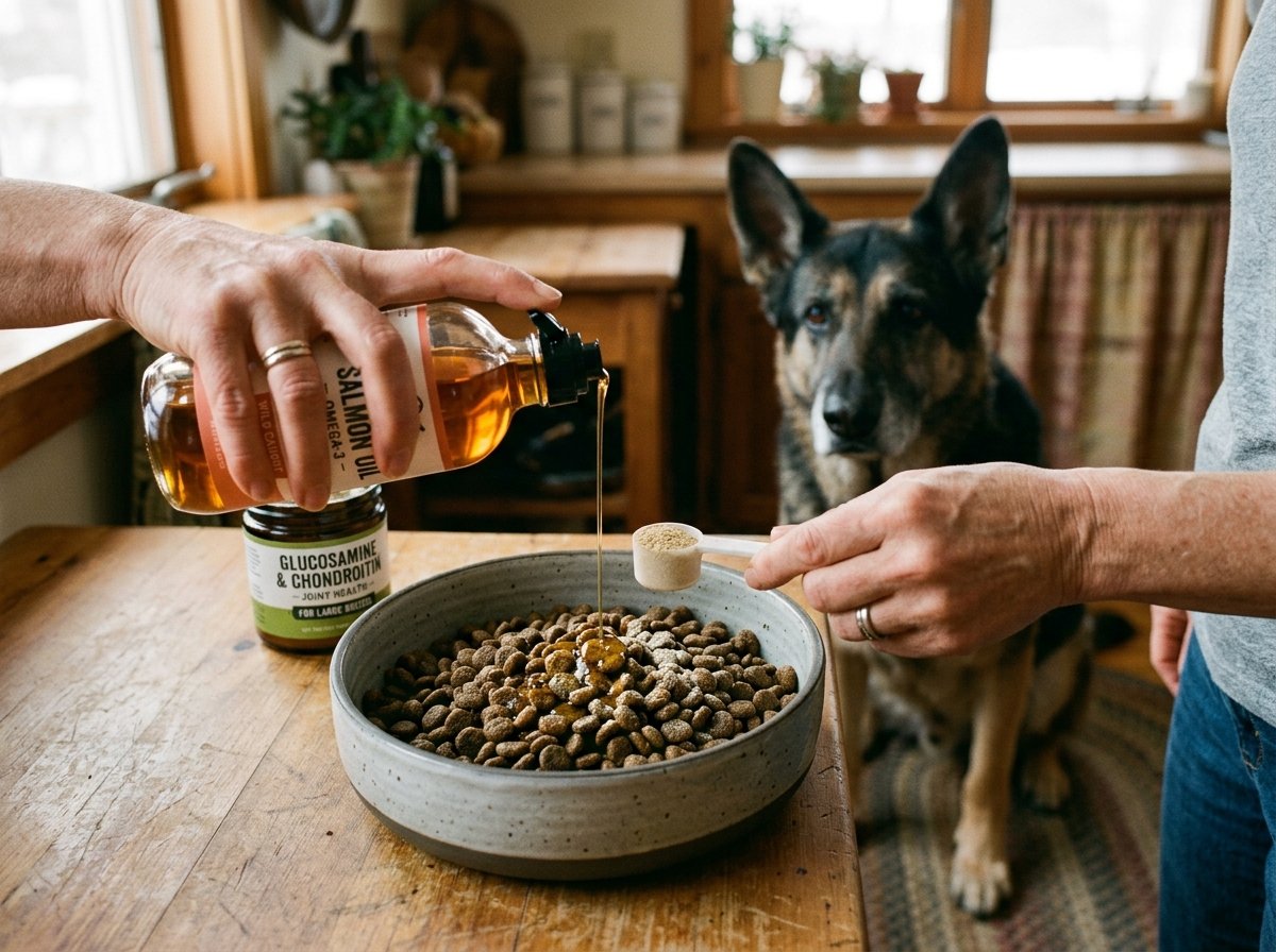 Owner pouring salmon oil and joint supplement powder over kibble for senior German Shepherd