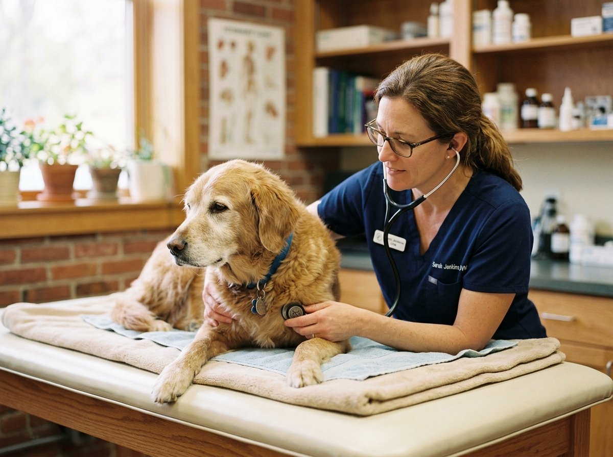 Veterinarian gently examining a senior dog on a padded clinic table