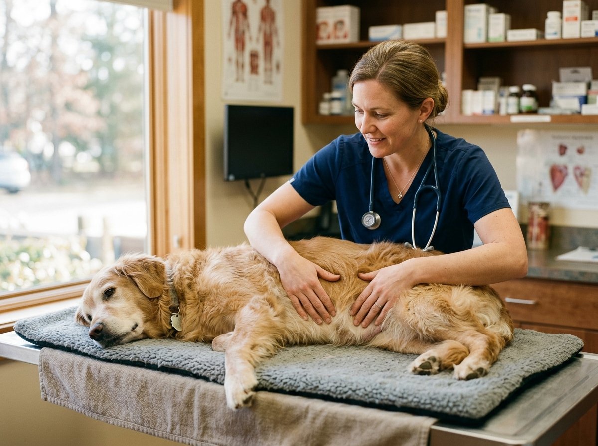 Veterinarian gently palpating the abdomen of an older dog on a padded clinic table