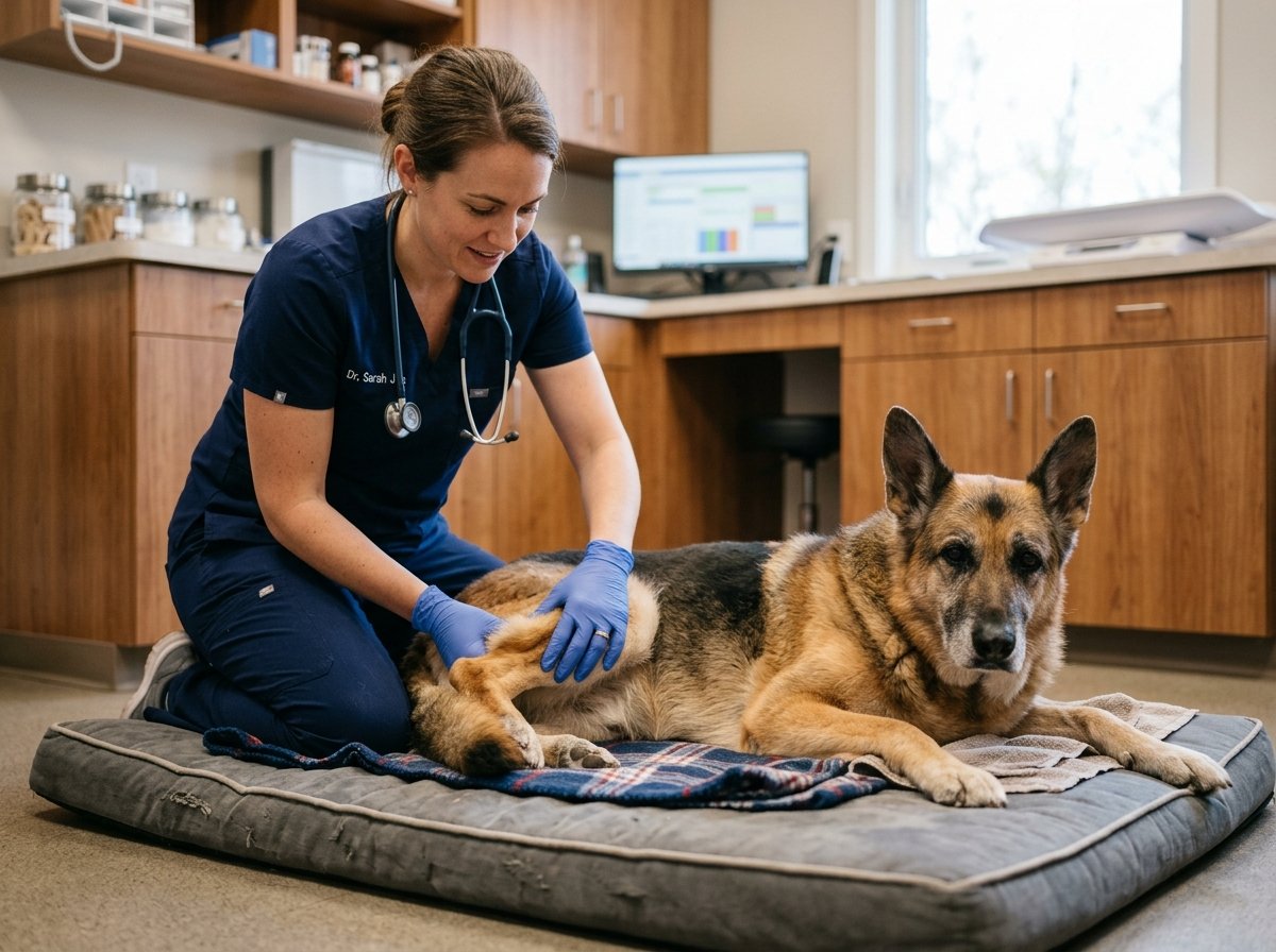 Veterinarian gently examining hips of senior German Shepherd on padded mat during nutrition check